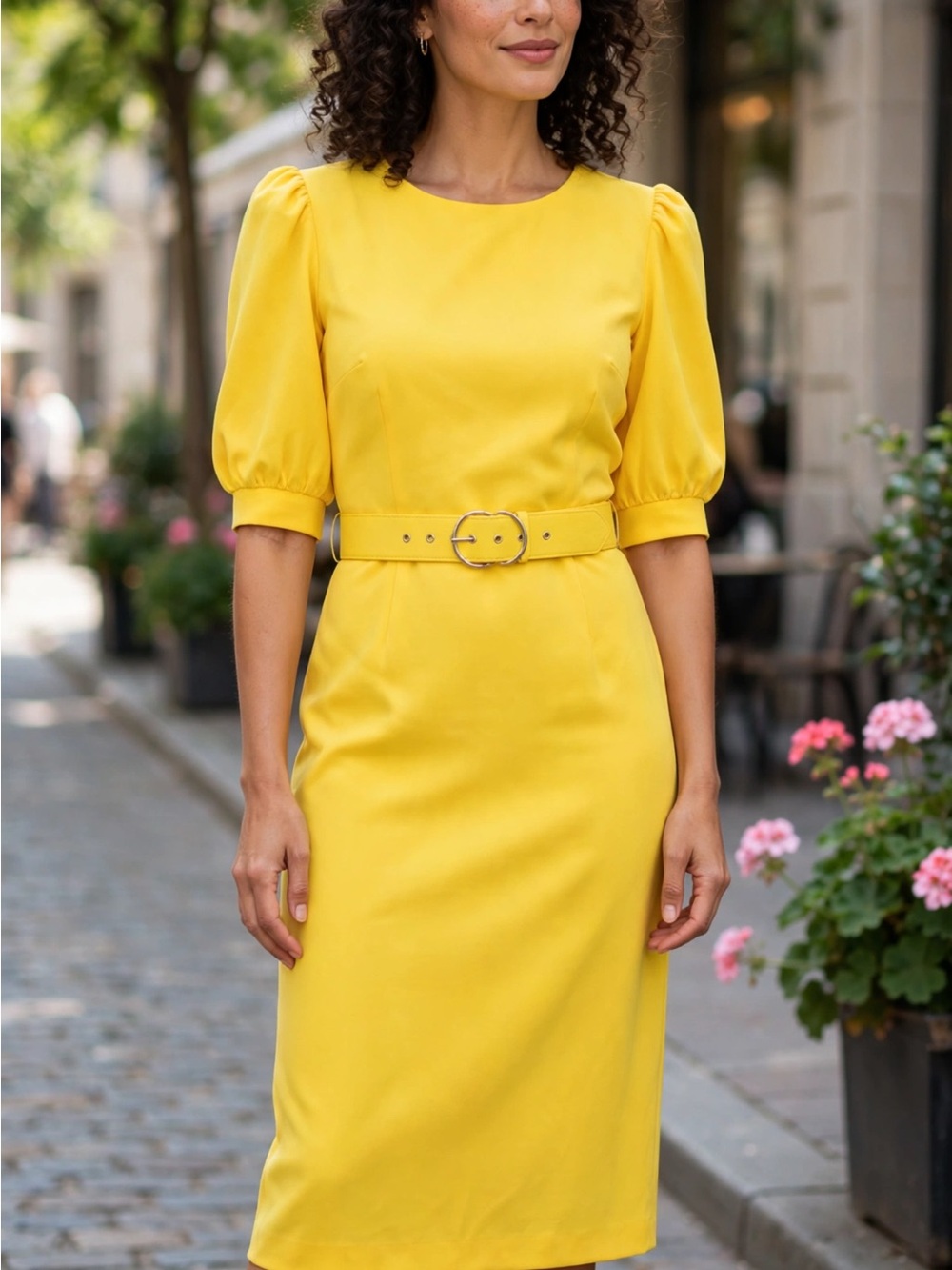 New York & Company Sunny Yellow Puff-Sleeve Belted Midi Dress